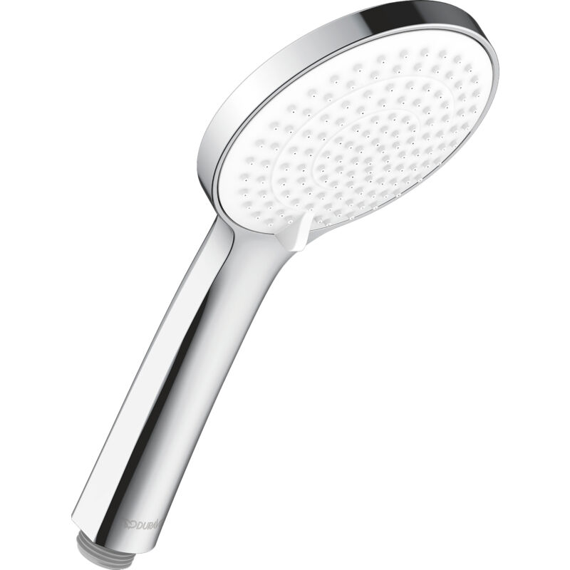 foto del prodotto soffione doccia duravit universal, con 3 tipi di getto rain, intense rain, soft rain , facile da pulire, rotondo 110 mm , cromo bianco