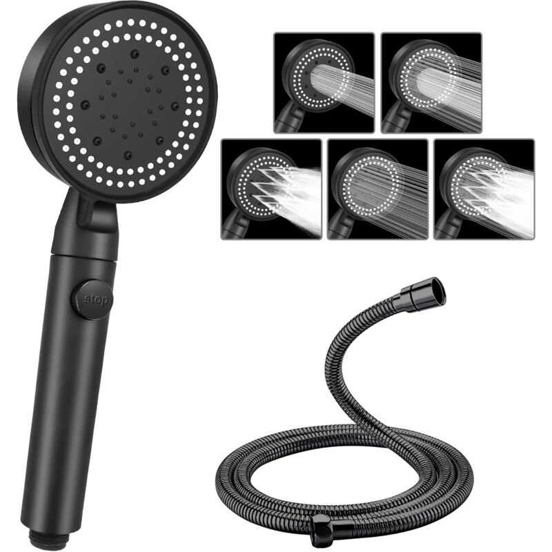 foto del prodotto soffione doccia e flessibile, 5 modalit di risparmio idrico, potente soffione doccia con pulsante di arresto dell acqua nero 