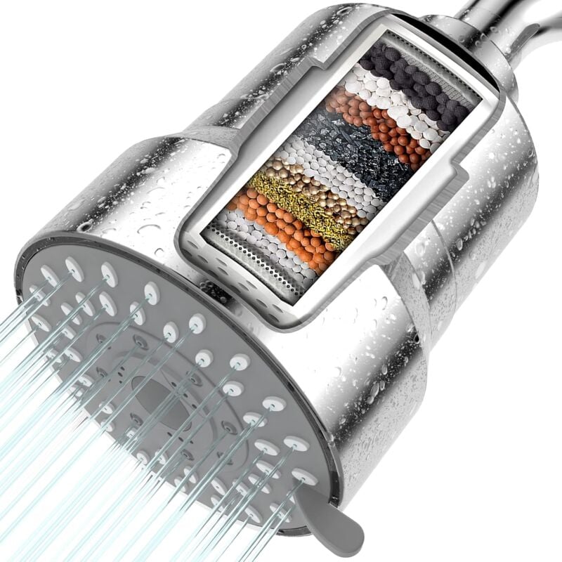 foto del prodotto soffione doccia filtrato, filtro per soffione doccia 2 in 1, uscita ad alta pressione a 5 modalit con cartuccia filtro per doccia a 15 stadi per
