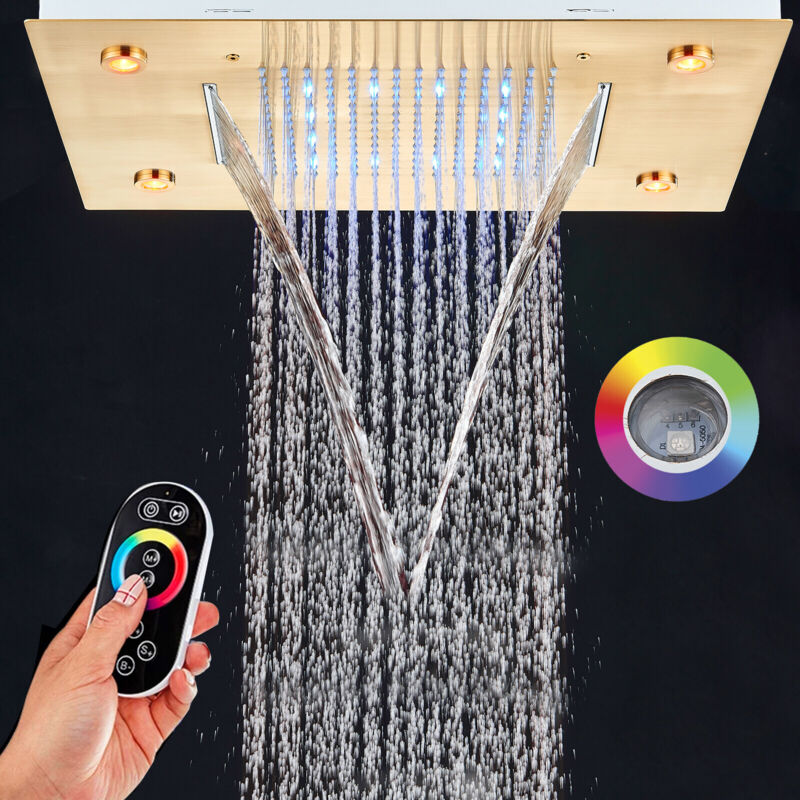 foto del prodotto soffione doccia fisso a pioggia,49 x 35 cm oro spazzolato grande soffione doccia a pioggia cascata w 4 modalit piovane cortina d acqua cascata 