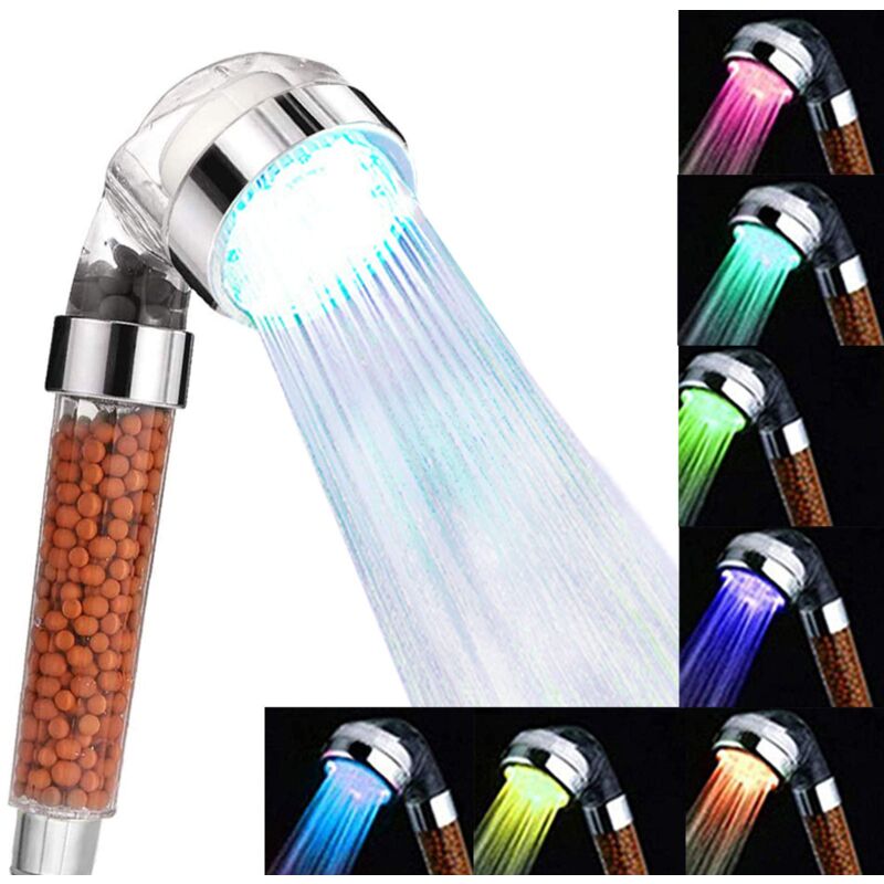 foto del prodotto soffione doccia led a 7 colori trasparente, filtro ionico, pietra spa