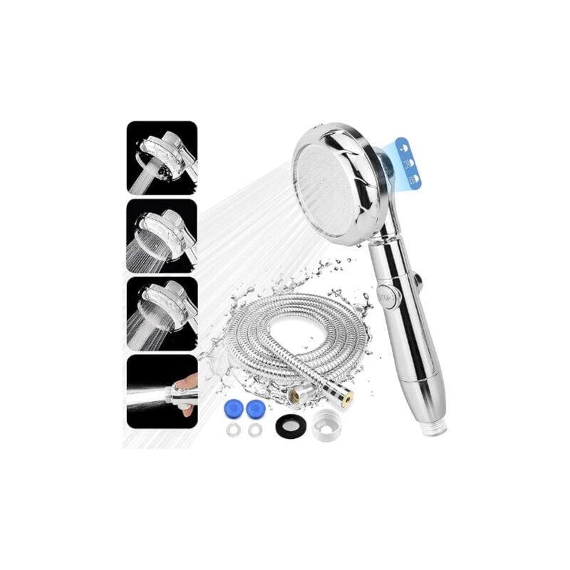 foto del prodotto soffione doccia, soffione doccia a risparmio idrico con tubo flessibile da 2 m, soffione doccia universale ad alta pressione per bagno con 3