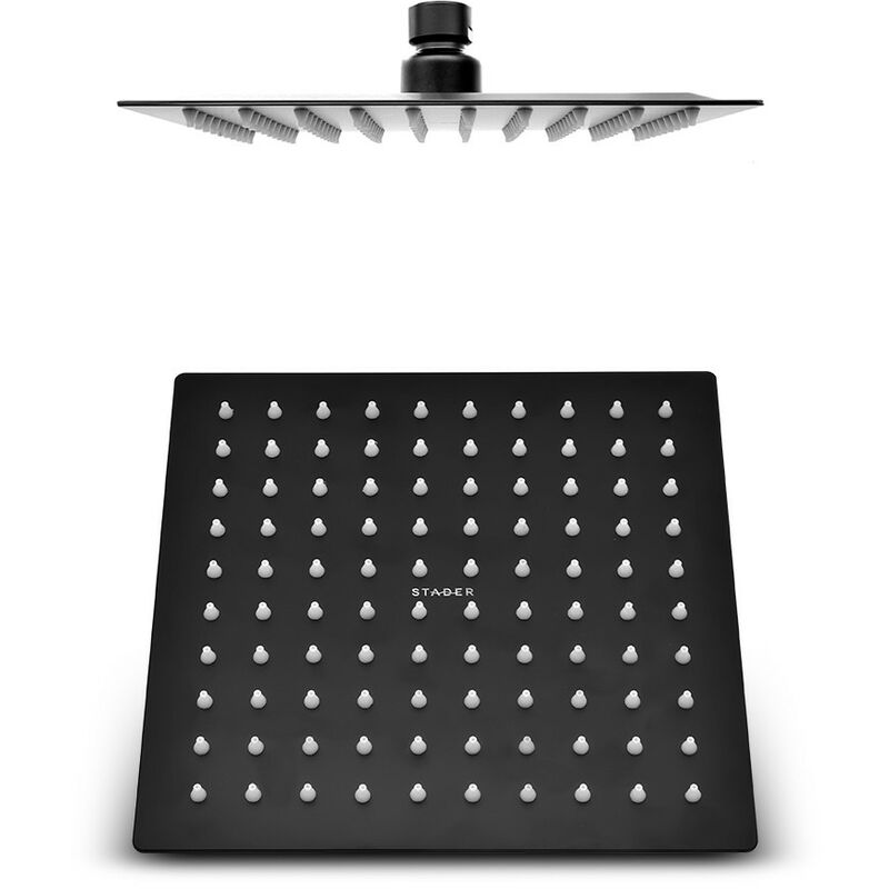 foto del prodotto soffione per doccia quadro 25x25 cm con braccio 30 cm in acciaio nero opaco