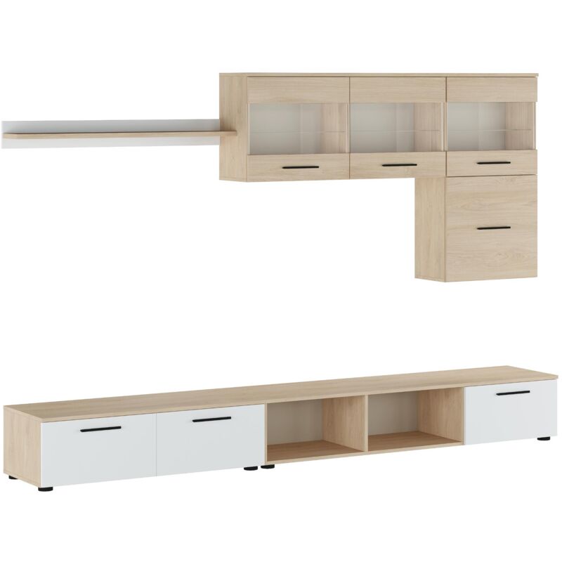 foto del prodotto soggiorno moderno paris, sala da pranzo con luci a led, rifinito in rovere bianco, misure 250x190x42 cm profondit skraut home