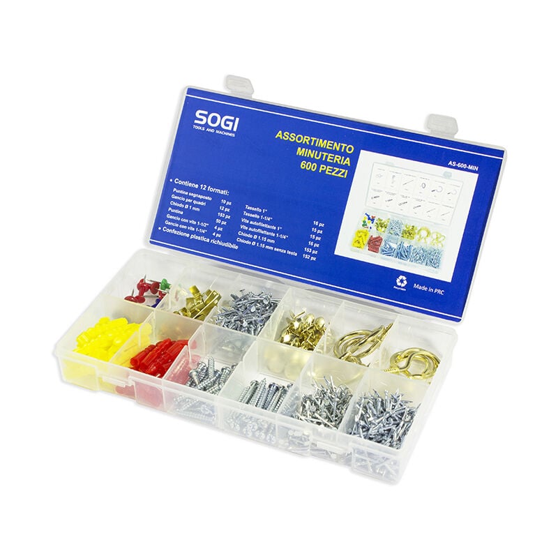foto del prodotto sogi assortimento set serie di 600 ganci chiodi viti tasselli muro per casa as 600 min