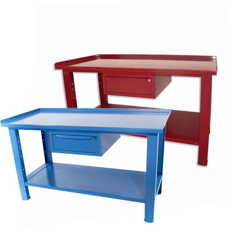 foto del prodotto sogi banco da lavoro 1,5 metri con piano in acciaio portata 1000 kg 1 cassetto blu rosso, coloreblu