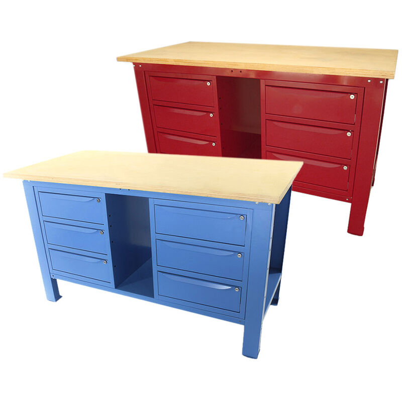 foto del prodotto sogi banco da lavoro 1,5 metri con piano in legno 2 armadi a 3 cassetti blu rosso, coloreblu