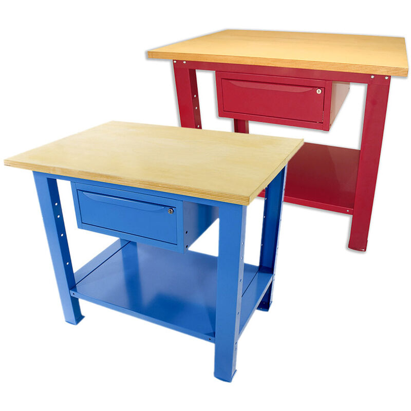 foto del prodotto sogi banco da lavoro 1 metro con piano in legno portata 1000 kg 1 cassetto blu rosso, colorerosso