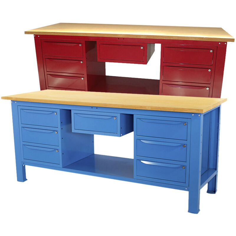 foto del prodotto sogi banco da lavoro 2 metri con piano in legno 2 armadi a 3 cassetti 1 cassetto blu rosso, coloreblu