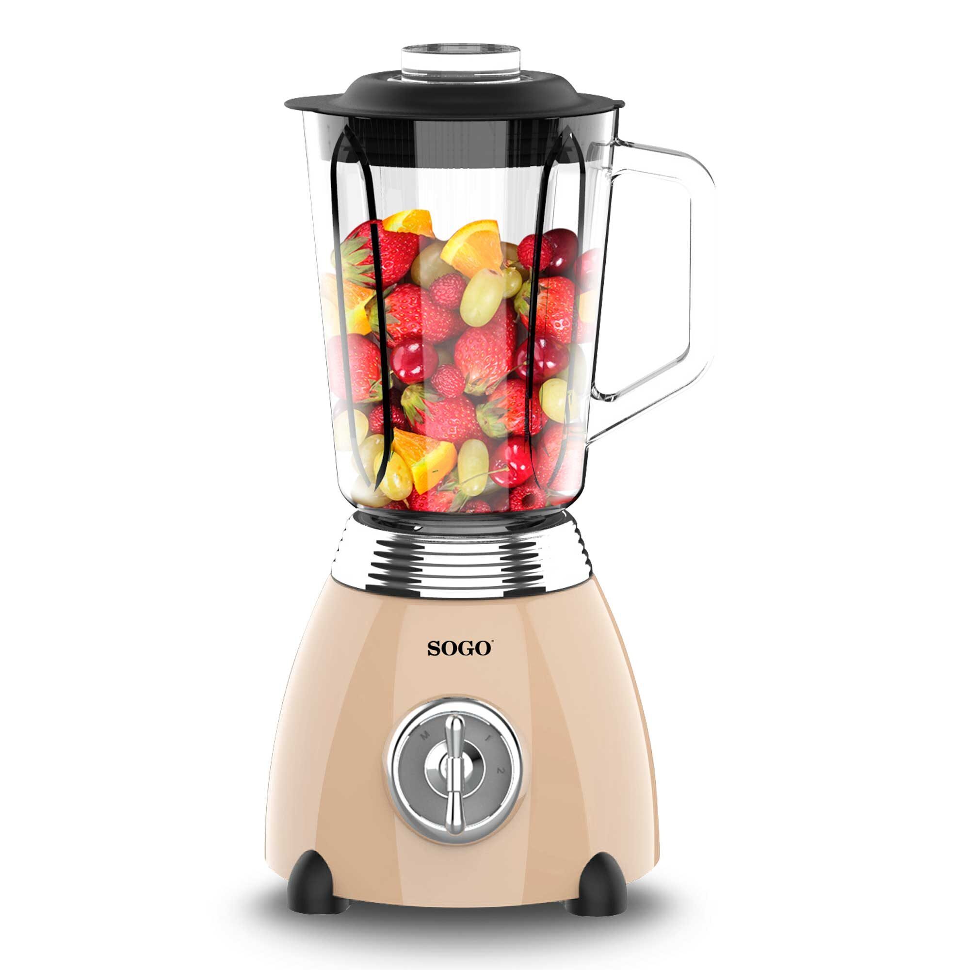 foto del prodotto sogo frullatore in vetro 1,5l con corpo in acciaio inox e design retrò beige, 2 velocità, lame in acciaio, funzione tritaghiaccio
