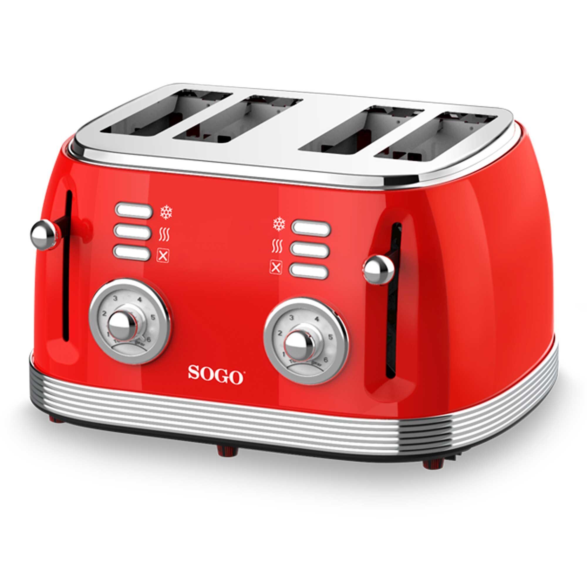 foto del prodotto sogo tostapane 4 fette 1500w, ampie fessure, design retr rosso, 6 livelli di tostatura, funzione scongelamento e riscaldamento