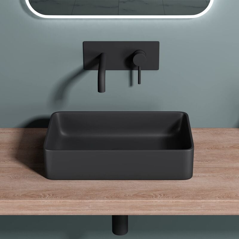 foto del prodotto sogood doporro lavabo bagno sospeso45x28x11,5cm, lavandino bagno qube da minerale fuso nero opaco