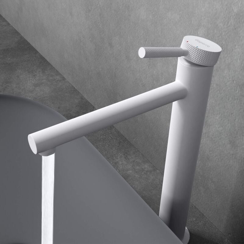 foto del prodotto sogood - doporro rubinetto monocomando per lavabo a cascata, miscelatore regolabile con acqua calda e fredda in ottone bianco opaco h 30,5 cm wao-7601