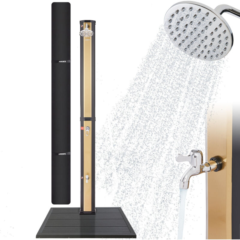 foto del prodotto solar shower 35l con doccetta e termometro nero oro con piastra di base arebos