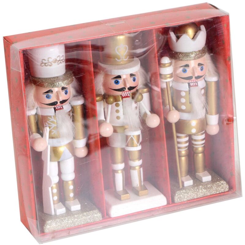 foto del prodotto soldatino schiaccianoci natale in legno 3pz bianco oro addobbo
