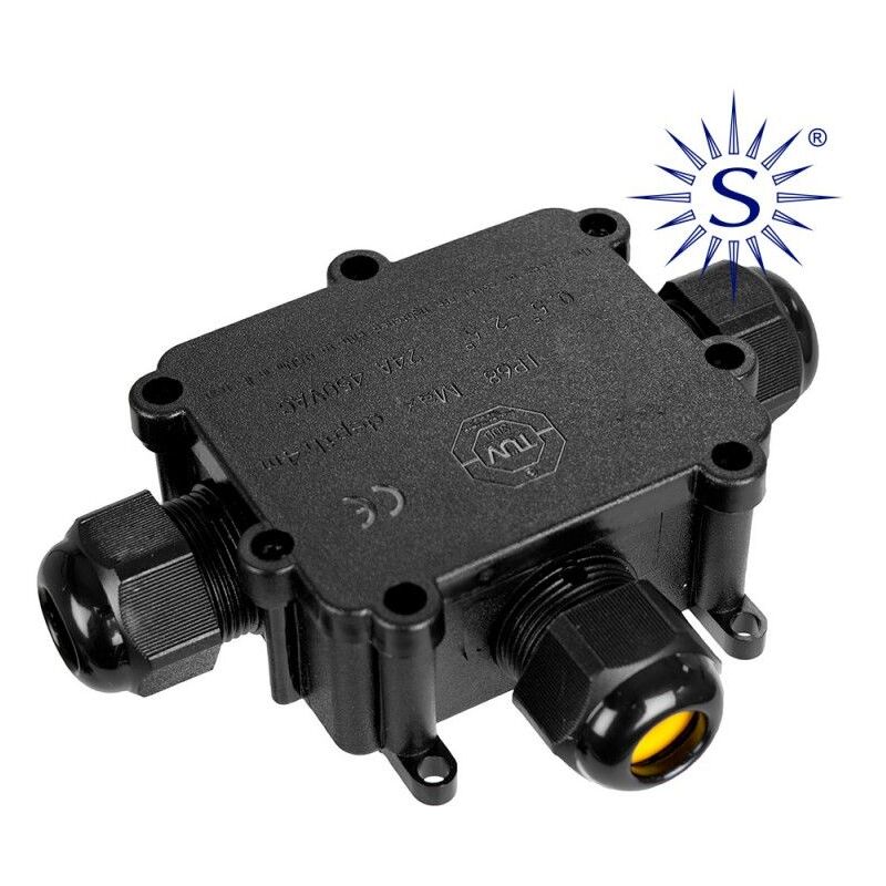foto del prodotto solera scatola di giunzione aerea esterna impermeabile con 3 pressacavi ip68 per esterno 9,3x7,3x3,8 cm serie nera avvolto in m