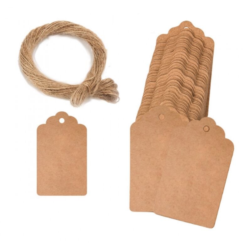 foto del prodotto sollbry 100 etichette regalo in carta kraft con corda da 20 m, etichette da appendere in carta kraft, etichette da appendere vintage