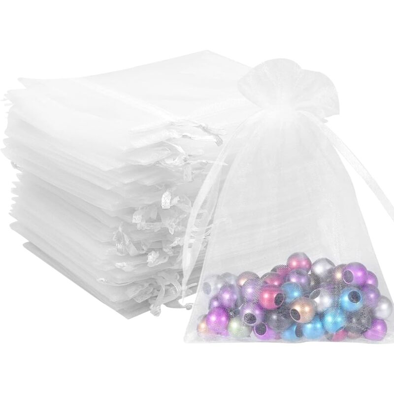foto del prodotto sollbry 100 sacchetti in organza bianca 10x12 cm, sacchetti in organza trasparente con coulisse per piccoli oggetti, regali, gioielli, imballaggio