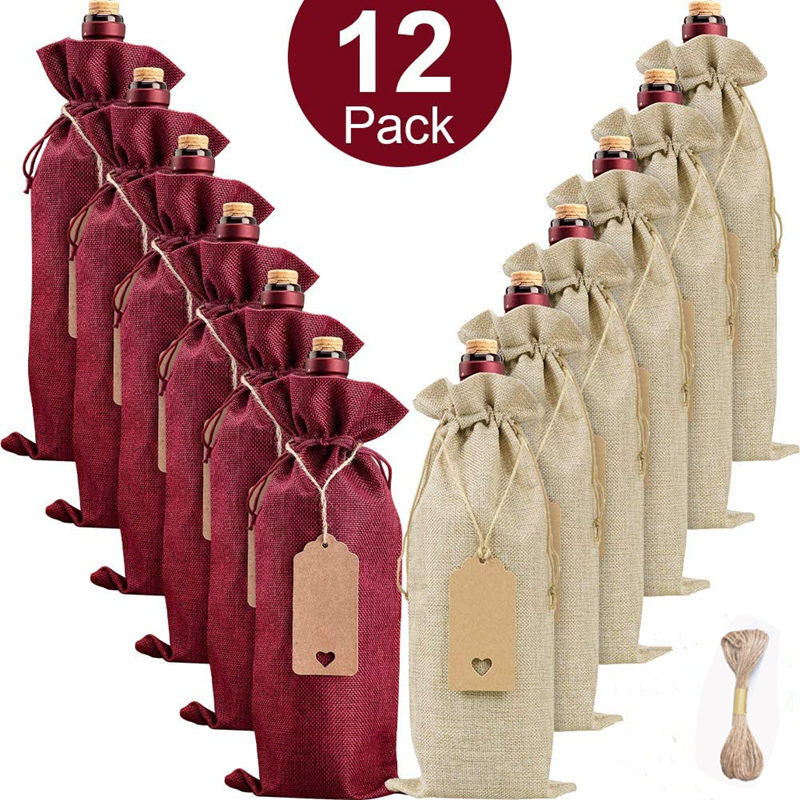 foto del prodotto sollbry 12 pezzi sacchetti per vino in tela di iuta con coulisse per bottiglie di vino per feste, matrimoni, compleanni, natale