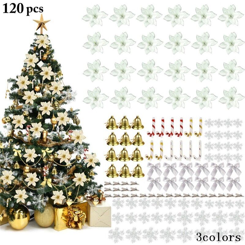 foto del prodotto sollbry 120 decorazioni per l albero di natale con stelle di natale glitterate argento , 24 fiori per l albero di natale, 36 fiocchi di neve, 12