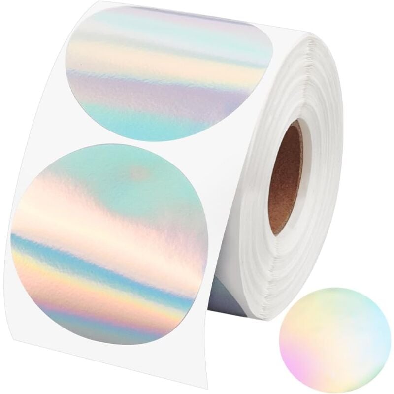 foto del prodotto sollbry 150 pezzi di etichette termiche circolari olografiche da 5 cm, autoadesive, rotonde, termiche dirette per stampante termica, etichette