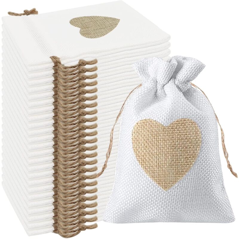 foto del prodotto sollbry 24 sacchetti di iuta con motivo a cuore, 10 x 14 cm, per bomboniere, regali di caramelle, battesimi, compleanni, natale, piccoli bianchi 