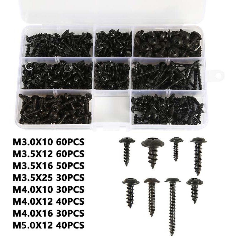 foto del prodotto sollbry 340 pezzi viti autofilettanti con scatola di plastica, viti a testa svasata m3 m3.5 m4 m5, viti autofilettanti in acciaio al carbonio nero,