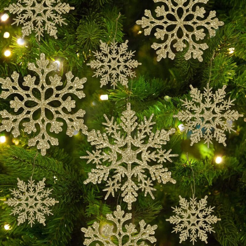 foto del prodotto sollbry 36 pezzi di ornamenti natalizi a forma di fiocco di neve in oro, ornamenti in plastica glitterata per decorazioni invernali dell albero di