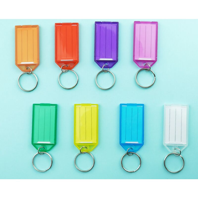 foto del prodotto sollbry 40 pezzi 8,5 cm etichette portachiavi in plastica con etichette di carta vuote a righe, coperchi trasparenti e anelli divisi,