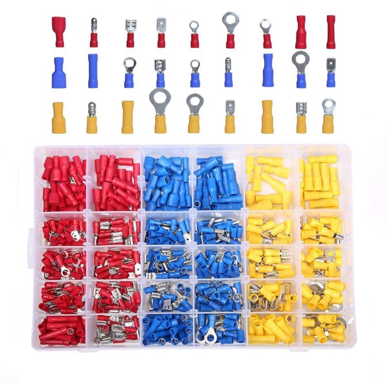 foto del prodotto sollbry 480 pezzi 30 tipi di connettori terminali a crimpare elettrici con manicotti isolanti, forcelle ad anello piatto e kit con scatola di