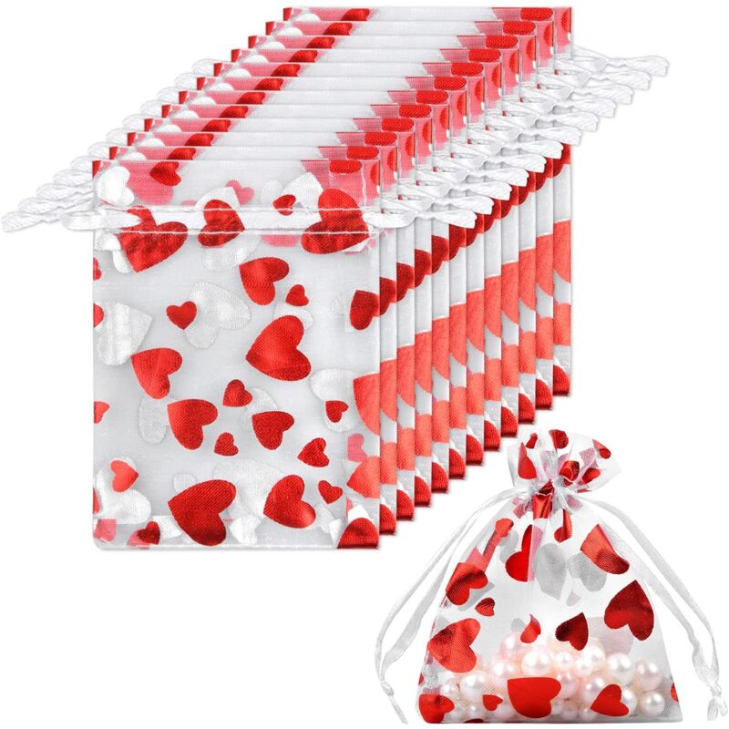 foto del prodotto sollbry 50 pezzi 8x10 cm sacchetti regalo in organza, piccoli sacchetti per gioielli con motivo a cuore, sacchetti regalo con coulisse, sacchetti