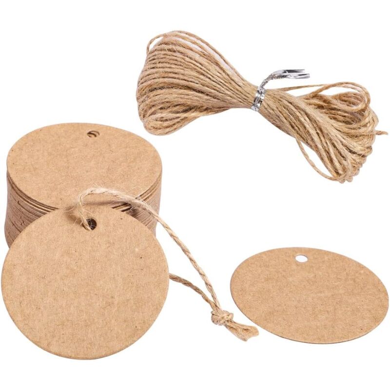 foto del prodotto sollbry 50 pezzi di etichette rotonde in carta kraft, etichette in carta kraft con diametro della corda di 5,5 cm, adatte per confezioni regalo fai