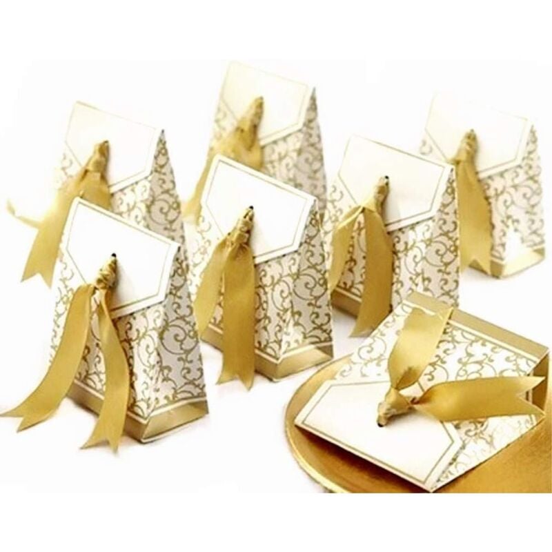 foto del prodotto sollbry 50 scatole portaconfetti in carta dorata, piccole scatole regalo per matrimonio in oro, scatole portaconfetti per feste di compleanno,