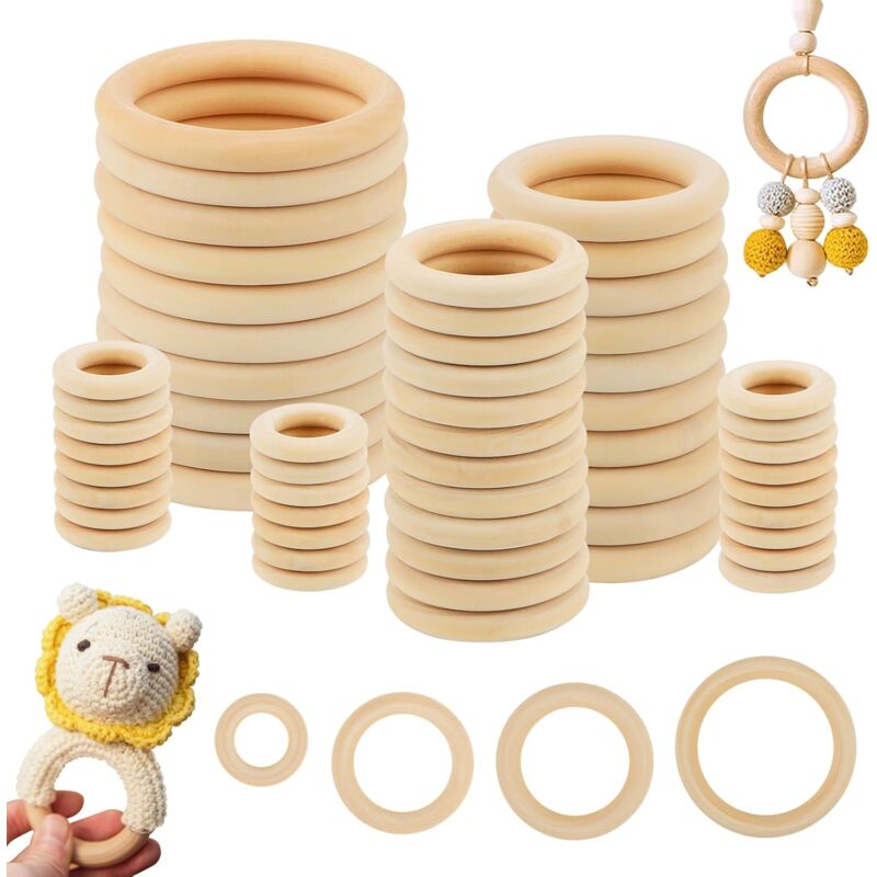 foto del prodotto sollbry 56 pezzi di anelli in legno, anelli per la dentizione in legno diametro 30 mm, 50 mm, 60 mm, 80 mm cerchi rotondi in legno naturale per
