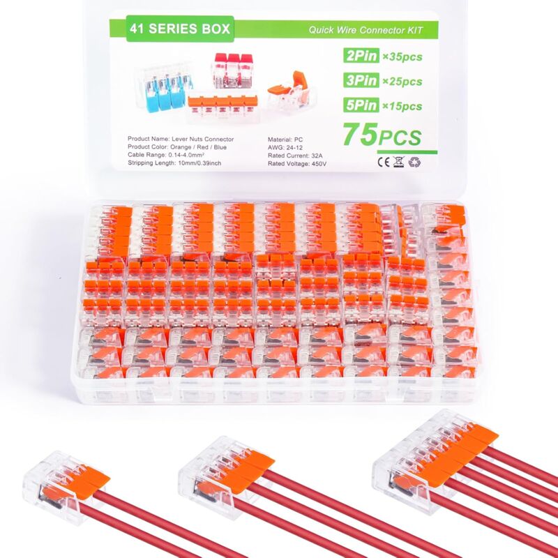 foto del prodotto sollbry 75 pezzi connettori elettrici con leva, terminali rapidi compatti e kit, terminale di collegamento elettrico, 35 pezzi 2 ingressi, 25 pezzi