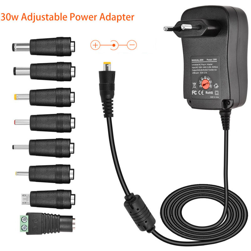 foto del prodotto sollbry adattatore di alimentazione universale ca cc da 30 w, 3 v, 4,5 v, 5 v, 6 v, 7,5 v, 9 v, 12 v, adattatore multitensione con 8 prese cc per