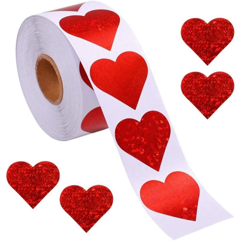 foto del prodotto sollbry adesivi a forma di cuore glitterato, rotolo di adesivi a forma di cuore rosso, etichette a forma di cuore per compleanni e matrimoni 500