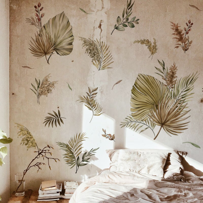 foto del prodotto sollbry adesivi murali a forma di foglia di palma, adesivi murali a forma di pianta tropicale, decorazione murale per camera da letto, soggiorno e