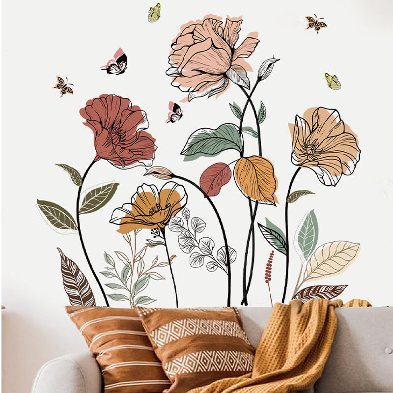 foto del prodotto sollbry adesivi murali boho garden flower, adesivi murali floreali, adesivi per piante erbacee ad acquerello per camera da letto, soggiorno, tv.