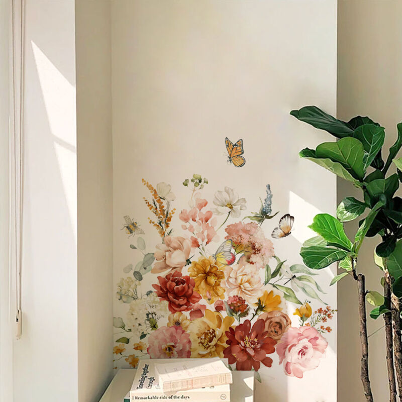 foto del prodotto sollbry adesivi murali con farfalle e fiori, adesivi murali con fiori di peonia rosa, adesivi da bagno, decorazioni per la cameretta dei bambini