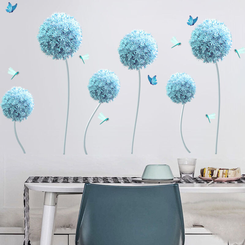 foto del prodotto sollbry adesivi murali con fiori blu, adesivi murali con tarassaco e farfalla, decorazioni murali per soggiorno e camera da letto