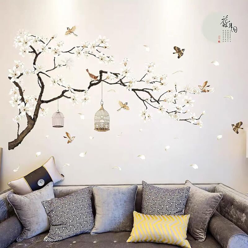 foto del prodotto sollbry adesivi murali con fiori di ciliegio per camera da letto, fiori bianchi in stile cinese, adesivi murali con albero nero e uccelli in volo