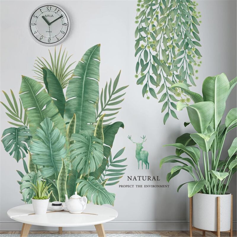 foto del prodotto sollbry adesivi murali con piante verdi, foglie fresche, adesivi murali impermeabili e rimovibili, vivaci murales artistici con foglie tropicali