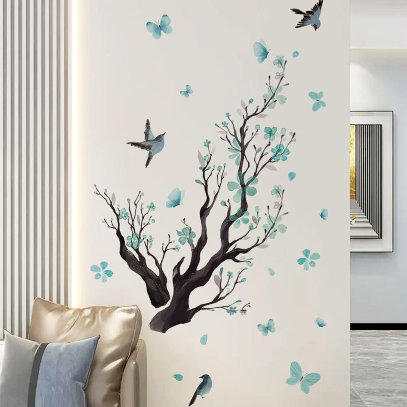 foto del prodotto sollbry adesivi murali con rami di fiori, fiori blu, alberi e uccelli, per cameretta dei bambini, decorazione da parete per soggiorno