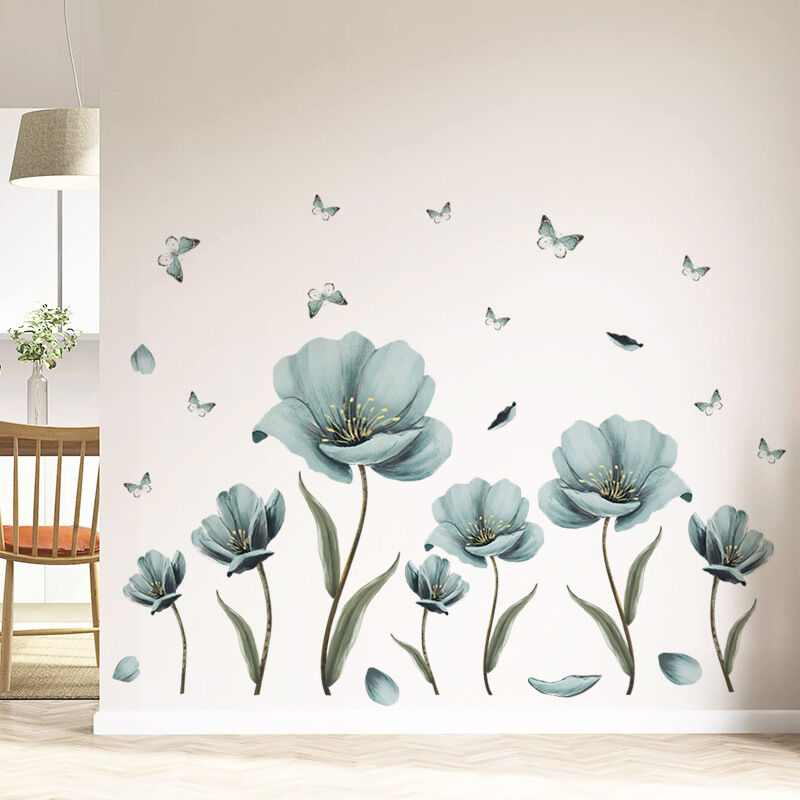 foto del prodotto sollbry adesivi murali floreali di grandi dimensioni, adesivi murali vintage con fiori, adesivi murali con farfalle blu per donne e adulti,