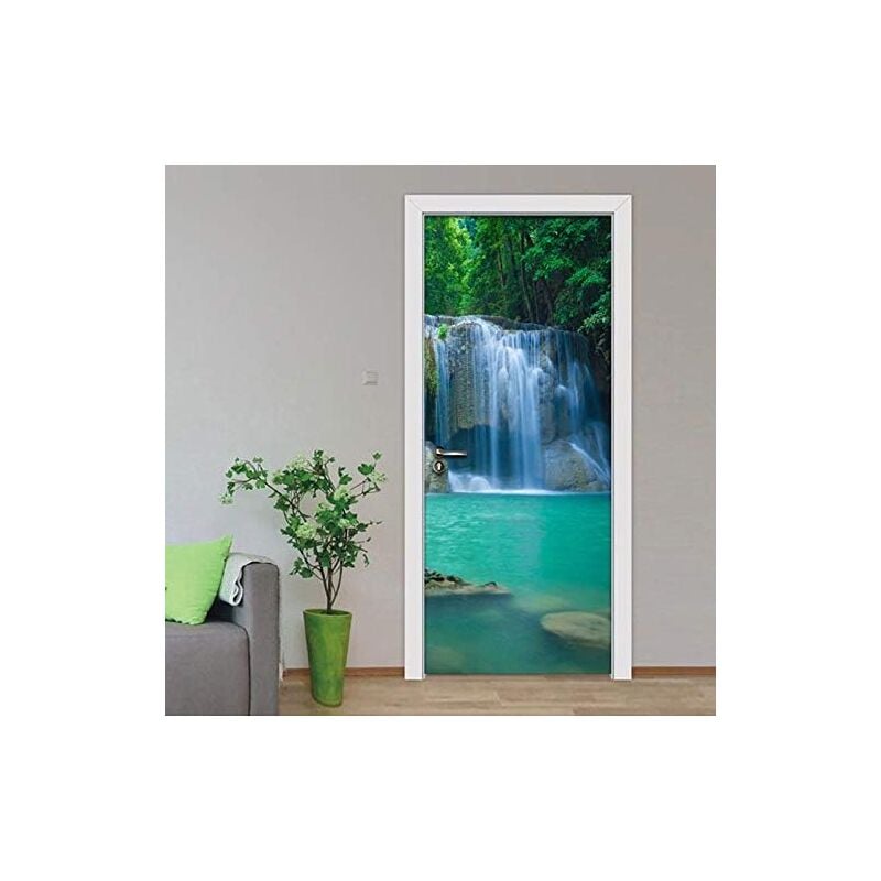 foto del prodotto sollbry adesivo per porta effetto 3d adesivo per porta trompe l oeil 77x200cm carta da parati con paesaggio di cascata nella foresta verde