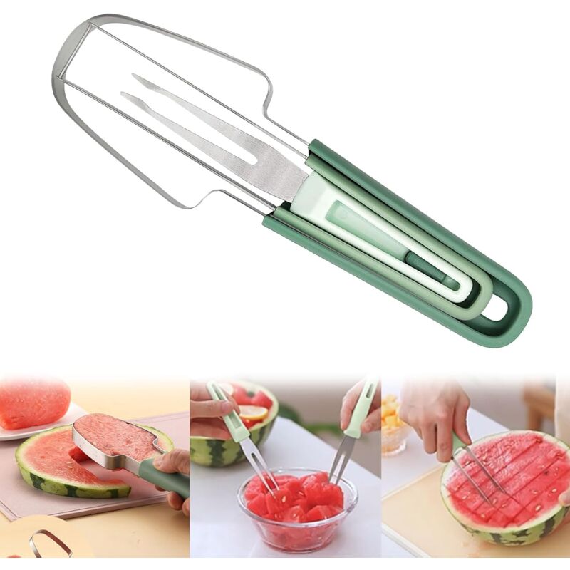 foto del prodotto sollbry affettatrice per anguria in acciaio inox 3 in 1 con taglia melone e forchette per frutta taglia frutta per anguria e melone verde 