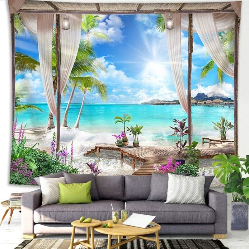 foto del prodotto sollbry arazzo da parete con vista panoramica dal balcone, paesaggio tropicale estivo, oceano, isola tropicale, spiaggia, per camera da letto,