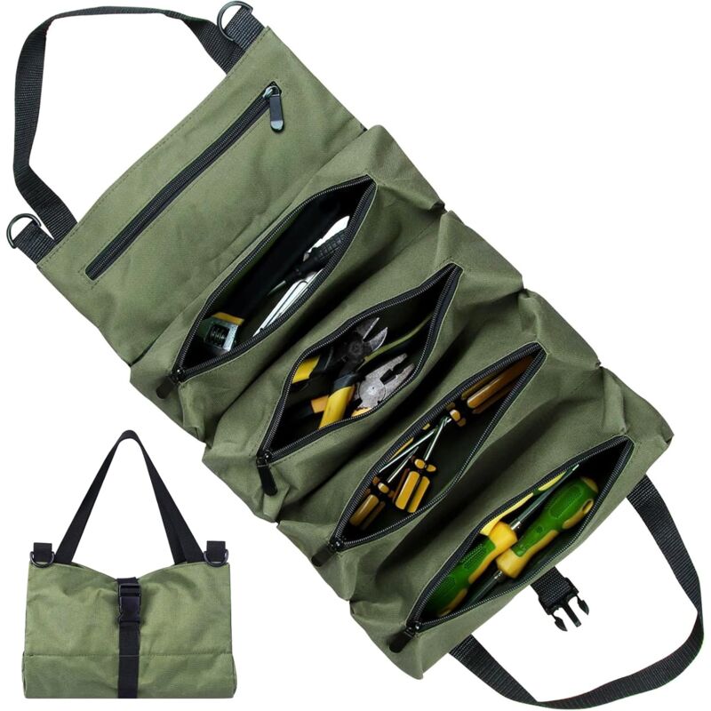 foto del prodotto sollbry borsa portautensili arrotolabile in tela, multifunzione, con 5 tasche con cerniera, per elettricisti