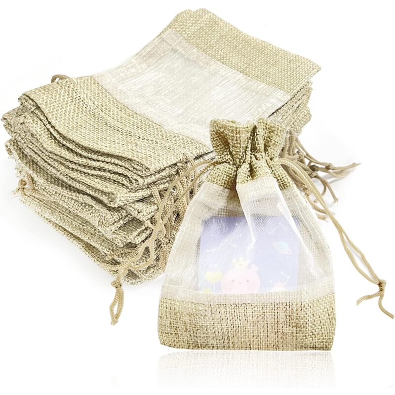 foto del prodotto sollbry confezione da 16 sacchetti in organza di iuta cuciti, sacchetti regalo in organza con coulisse, sacchetti per gioielli, riutilizzabili,